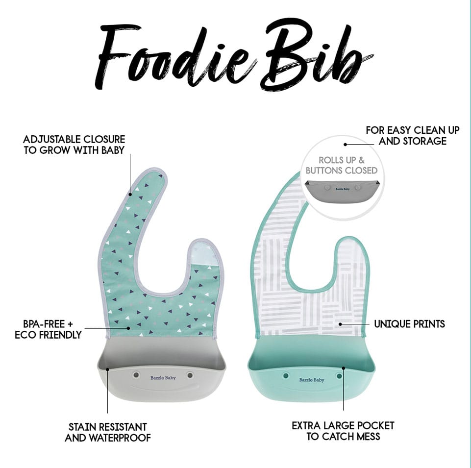 Foodie® Bib - Roll Up & Button Closed Bib 2-Pack: Silicone + Fabric
