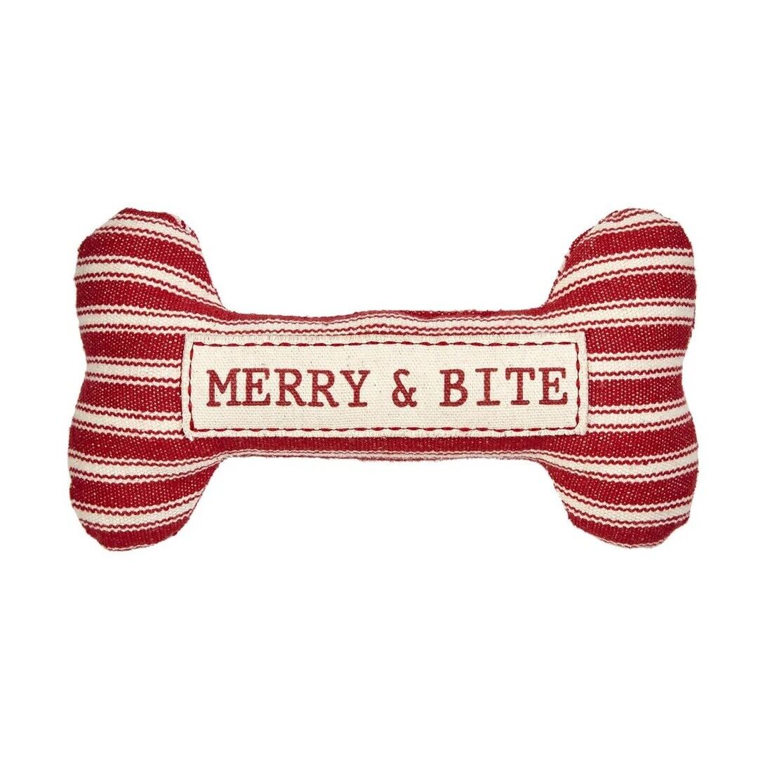 red and white striped soft dog bone with a patch that says merry & bite