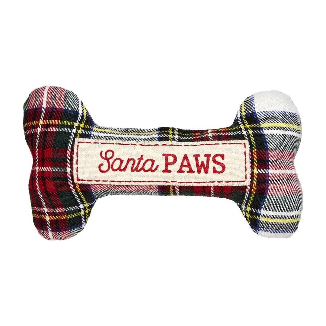 soft dog bone in a red and green plaid the patch says Santa Paws