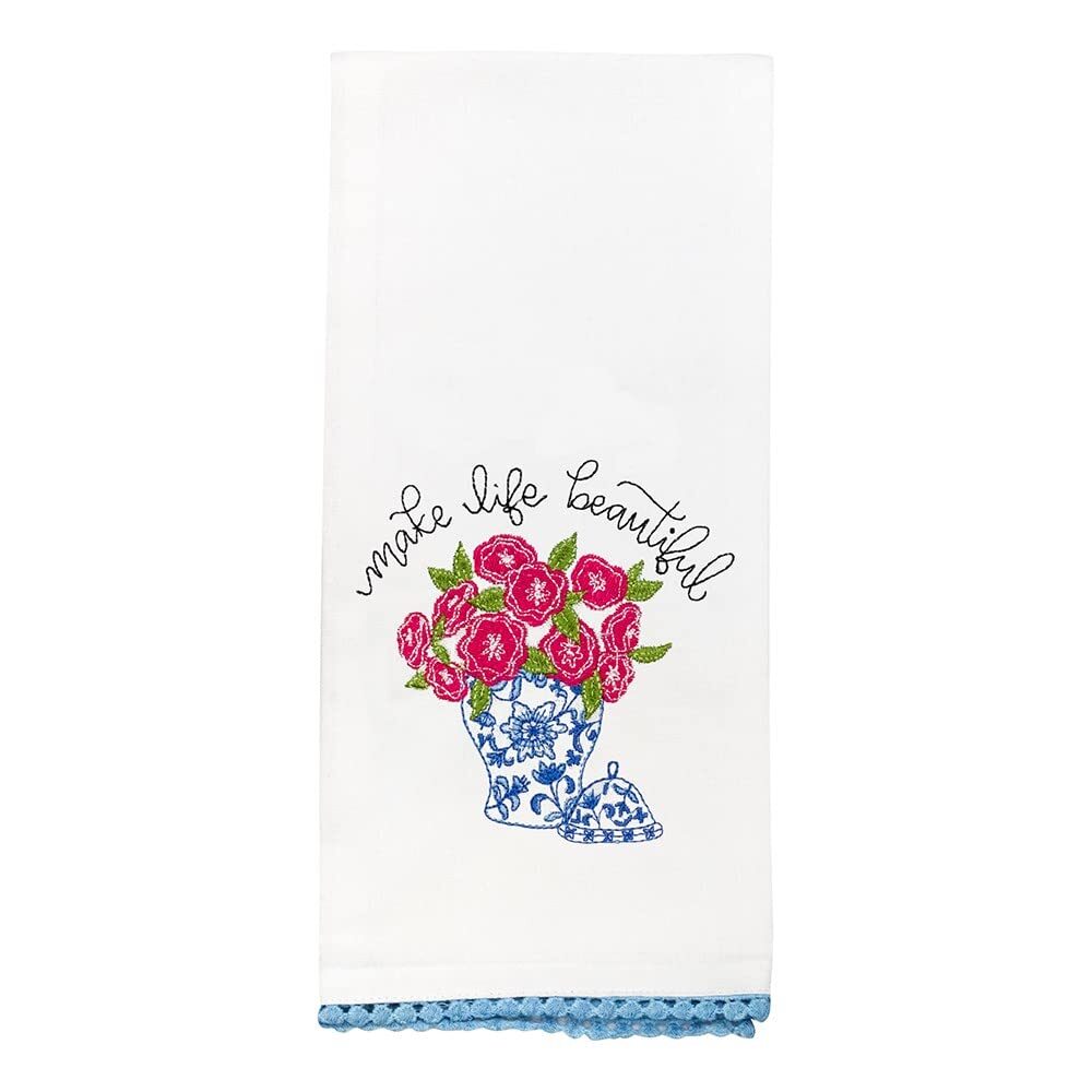 Blue White Chinoiserie Vases Pink Peonies Make life beautiful Kitchen Tea Towel