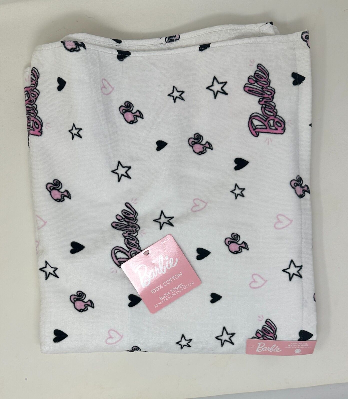 Barbie Bath Towel White and Pink Hearts Stars