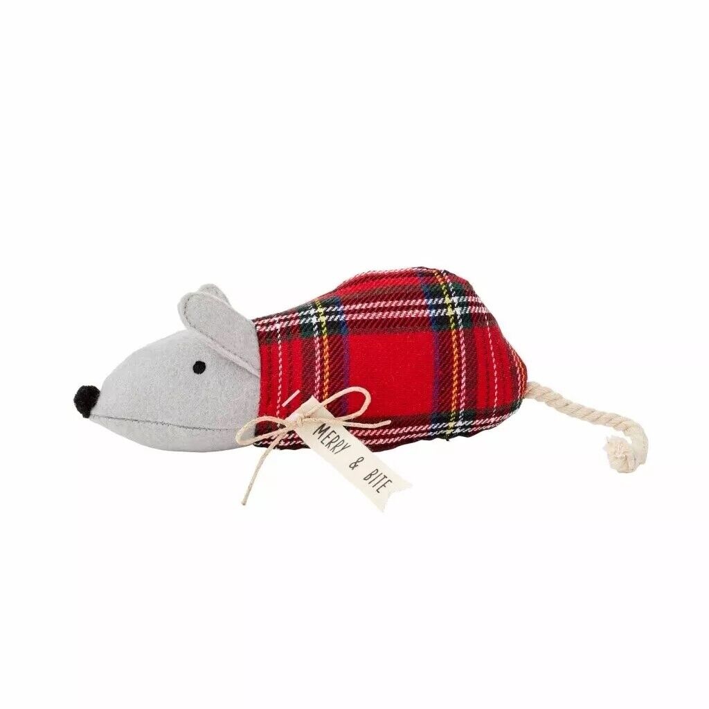 soft mouse cat or dog toy with a gray head and plaid body. A tag hangs off that says merry & bite