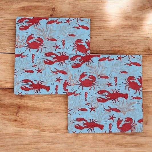Decoupage Napkins Coastal Blue Red Nautical Crab Fish Lobster Cocktail Crafts