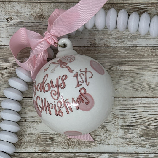 Baby's 1st Christmas Ceramic Ornament, 4 x 3.75 inches, White with Pink Polka