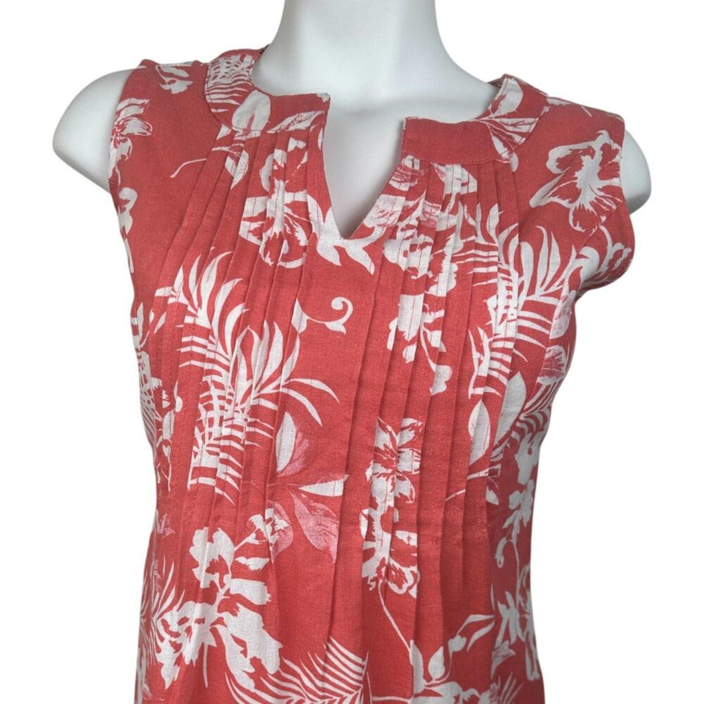 Chadwicks Dress Coral White Sleeveless Notch Tropical Floral Linen Blend PetiteS