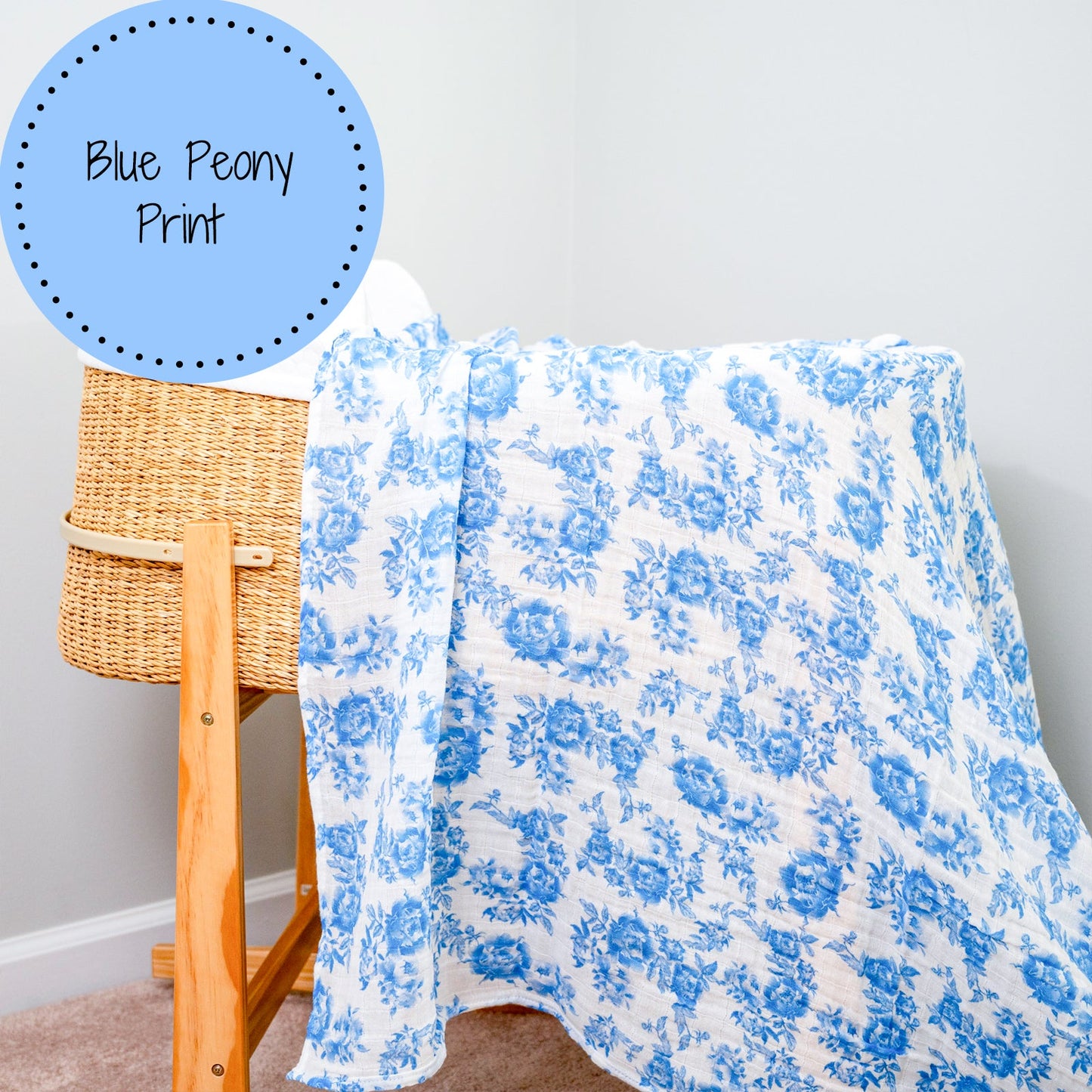 LollyBanks Muslin Swaddle Blankets, 100% Cotton Baby Blanket, 47"x 47" Newborn Swaddle Blanket, (Blue Peony Print)