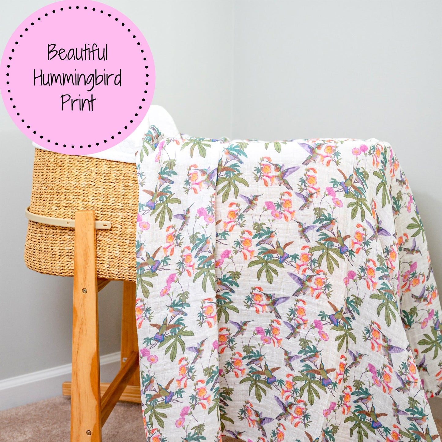 LollyBanks Muslin Swaddle Blankets, 100% Cotton Baby Blanket, 47"x 47" Newborn Swaddle Blanket, (Hummingbird Pattern)