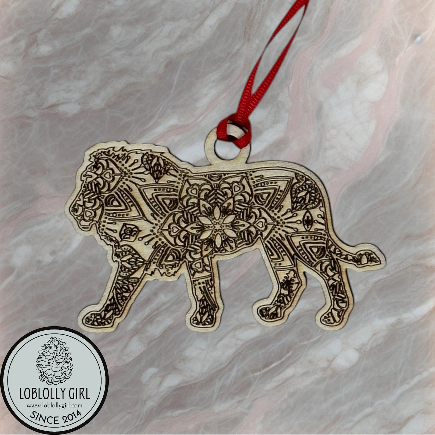 Father Figure: Strong Protective Mandala Wooden Lion Gift, Family Christmas Ornament & Car Charm for Dad