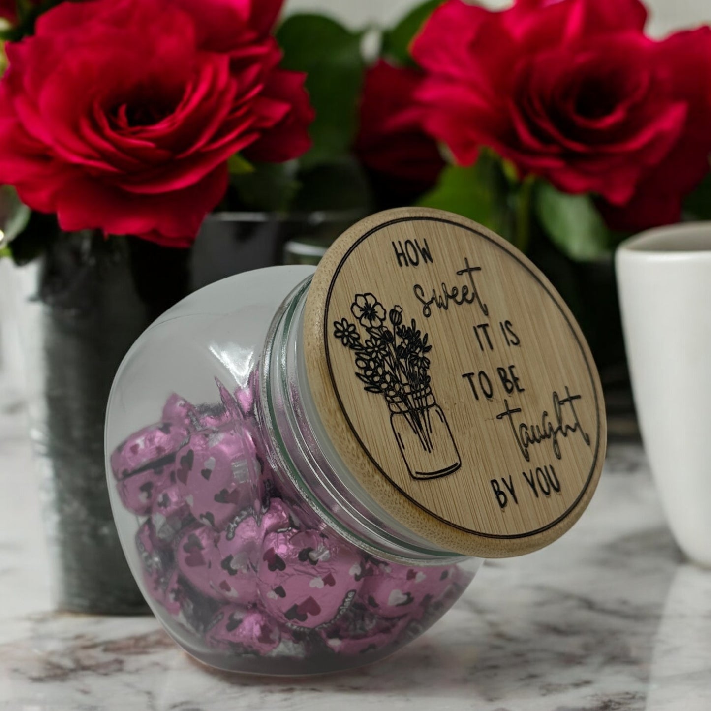 Teachers Gift Glass Candy Jar with Engraved Wooden Lid, "How Sweet It Is to Be Taught by You," End of Year Appreciation Gift