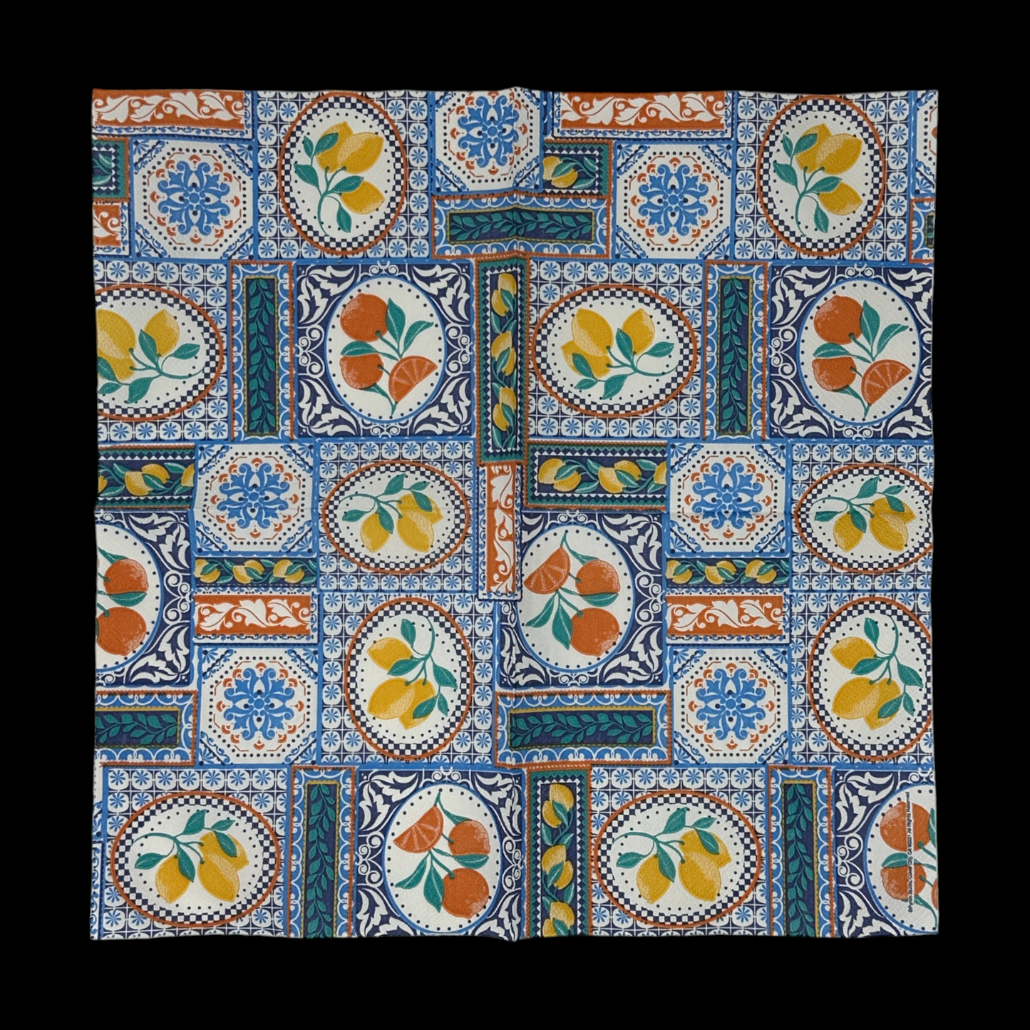Mediterranean Tile Decoupage Napkins – Luncheon Size Citrus & Blue Pattern (Set of 2, 3-Ply)