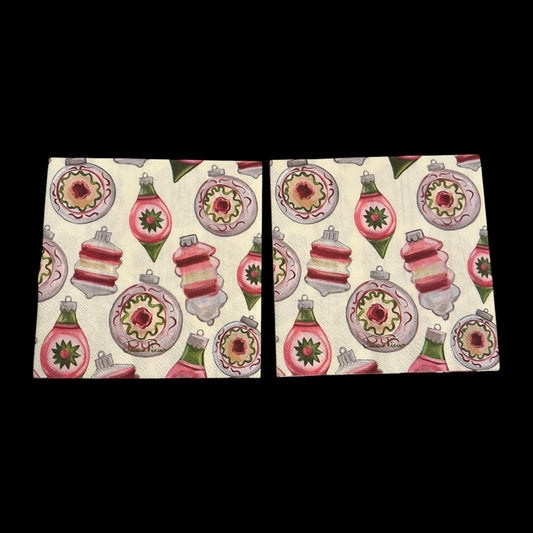 Two Luncheon size decoupage napkin featuring red, green, and white vintage glass ornaments with retro holiday designs for Christmas crafts and decor.
