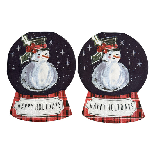 Two Shaped decoupage napkin featuring a smiling snowman in a snowglobe with a red plaid base and “Happy Holidays” text for Christmas crafts and decor.
