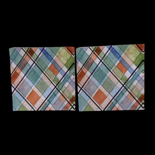 Two Cocktail size decoupage napkin featuring a madras plaid pattern in blue, green, and orange tones, ideal for summer crafts and tartan-themed projects.