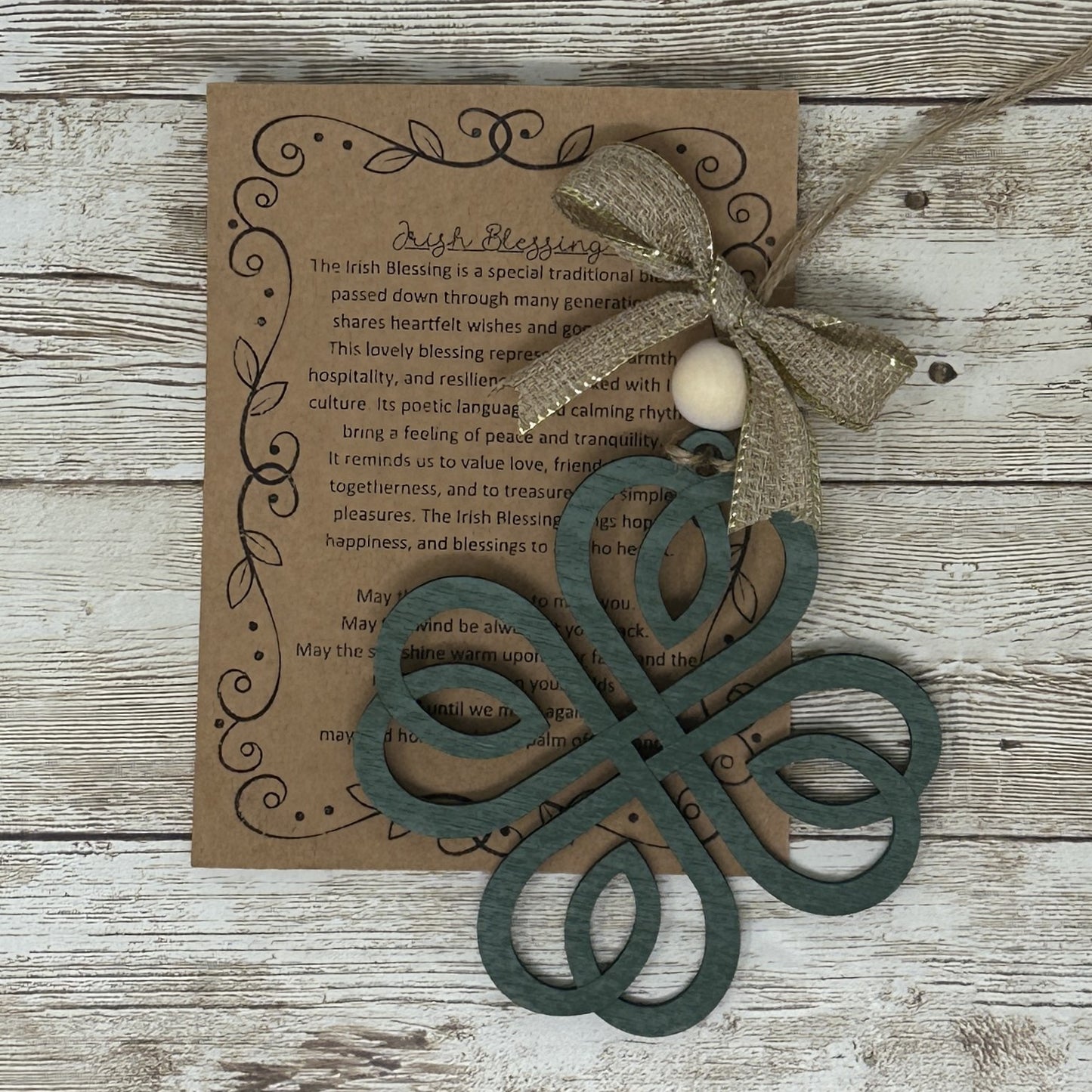 Irish Blessing Four Leaf Clover Lucky Wood Story Ornament