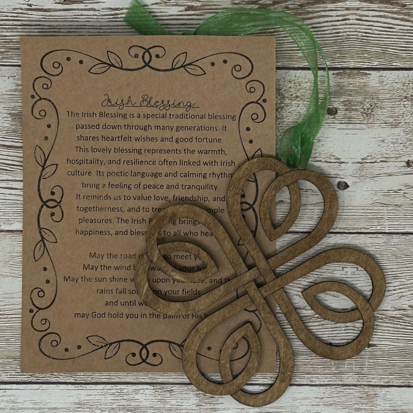 Irish Blessing Four Leaf Clover Lucky Wood Story Ornament