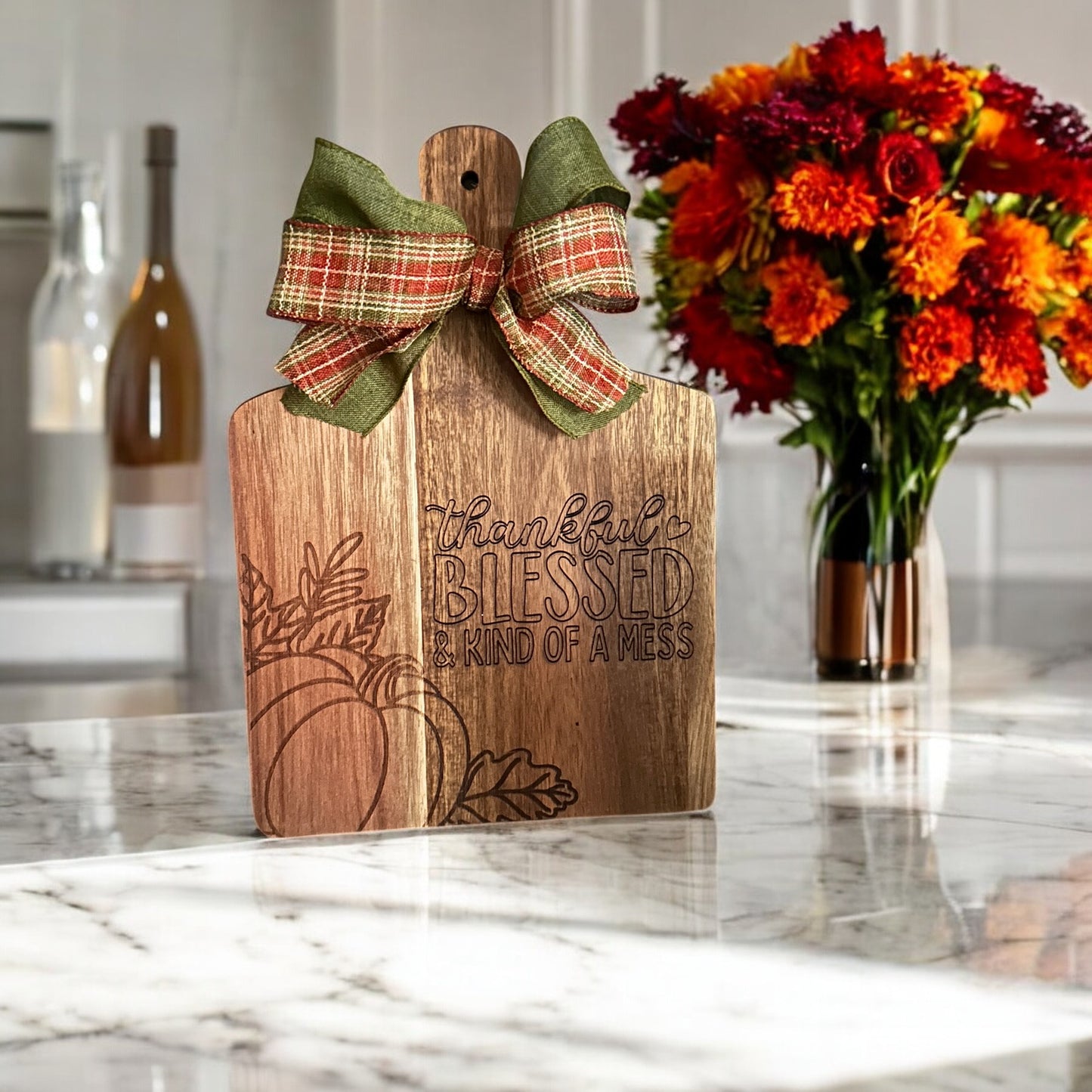 Thankful, Blessed & Kind of a Mess Thanksgiving Decorative Wood Cutting Board Hostess Gift