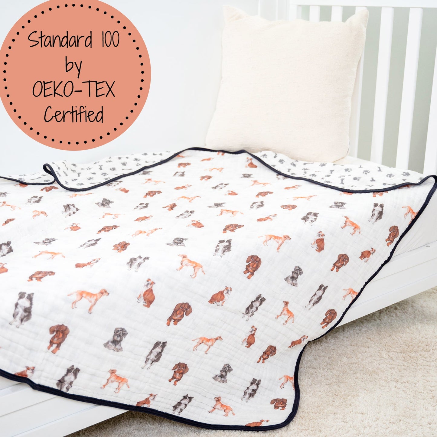 LollyBanks Muslin Baby Blanket, 100% Cotton Lightweight Baby Quilt, 47"x 47" and 6 Layers Newborn Blanket, (Puppies Print)