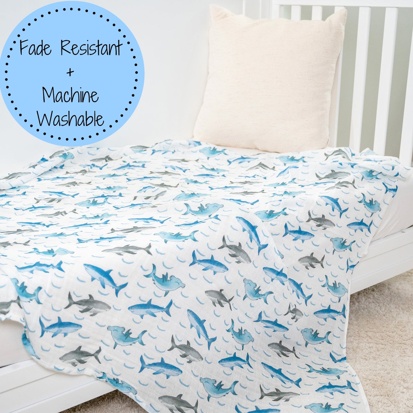 LollyBanks Muslin Swaddle Blankets, 100% Cotton Baby Blanket, 47"x 47" Newborn Swaddle Blanket, (Shark Print)