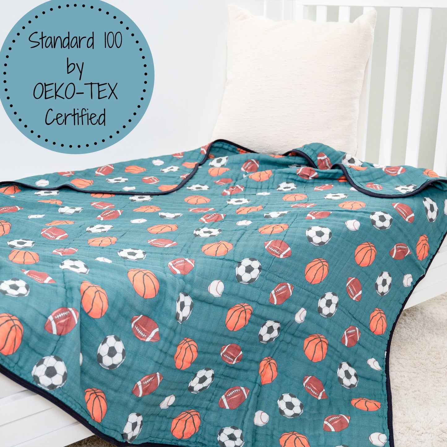 LollyBanks Muslin Baby Blanket, 100% Cotton Lightweight Baby Quilt, 47"x 47" and 6 Layers Newborn Blanket, (Sports Print)
