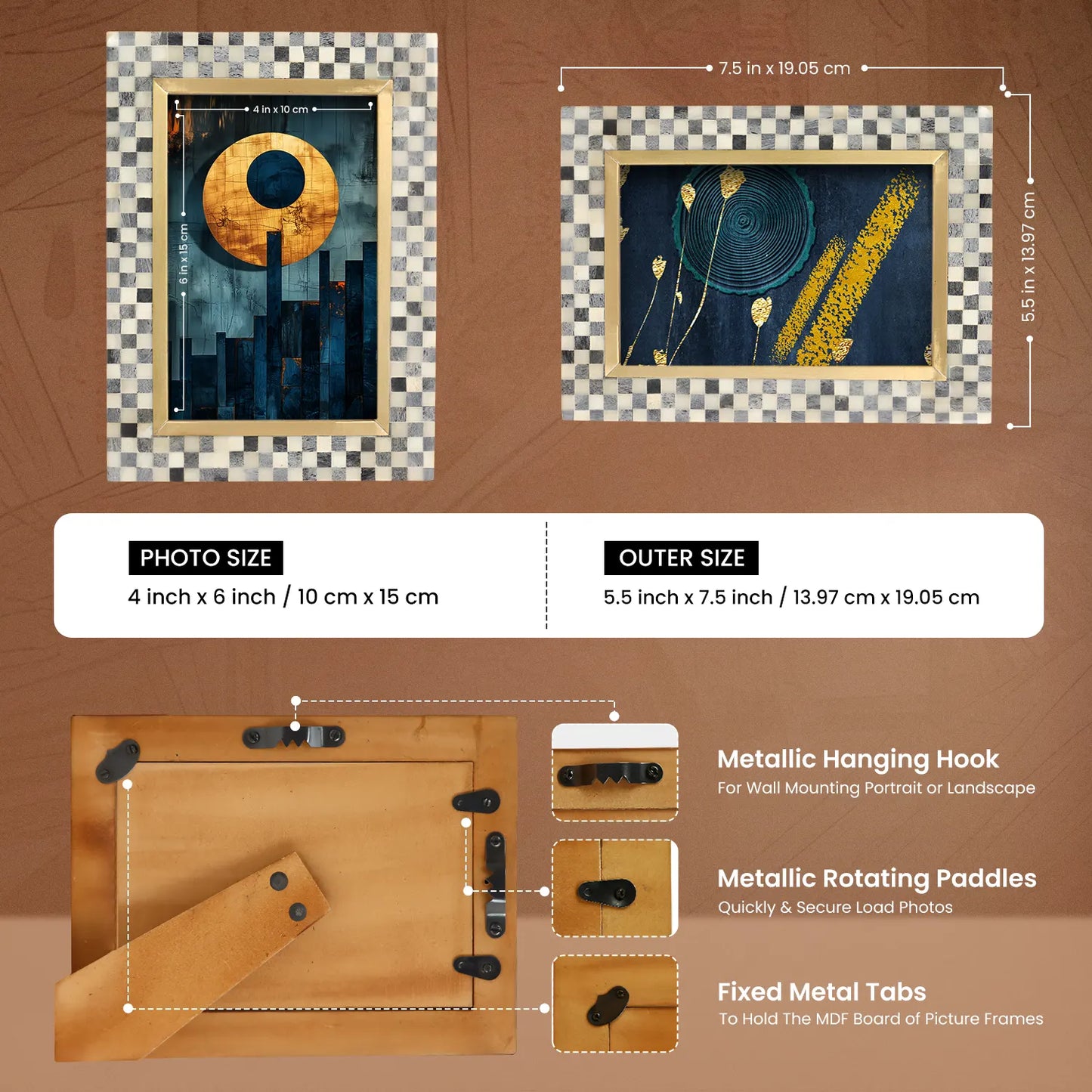 Bone Inlay & Brass Halo Pixels Pattern Picture Frame - 4x6