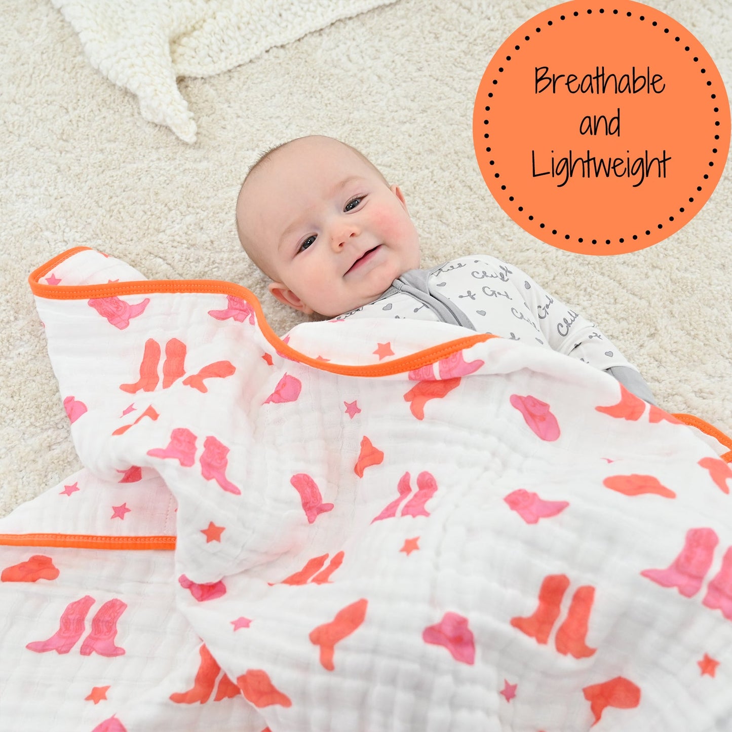LollyBanks Muslin Baby Blanket, 100% Cotton Lightweight Baby Quilt, 47"x 47" and 6 Layers Newborn Blanket, (Pink Boot Print)