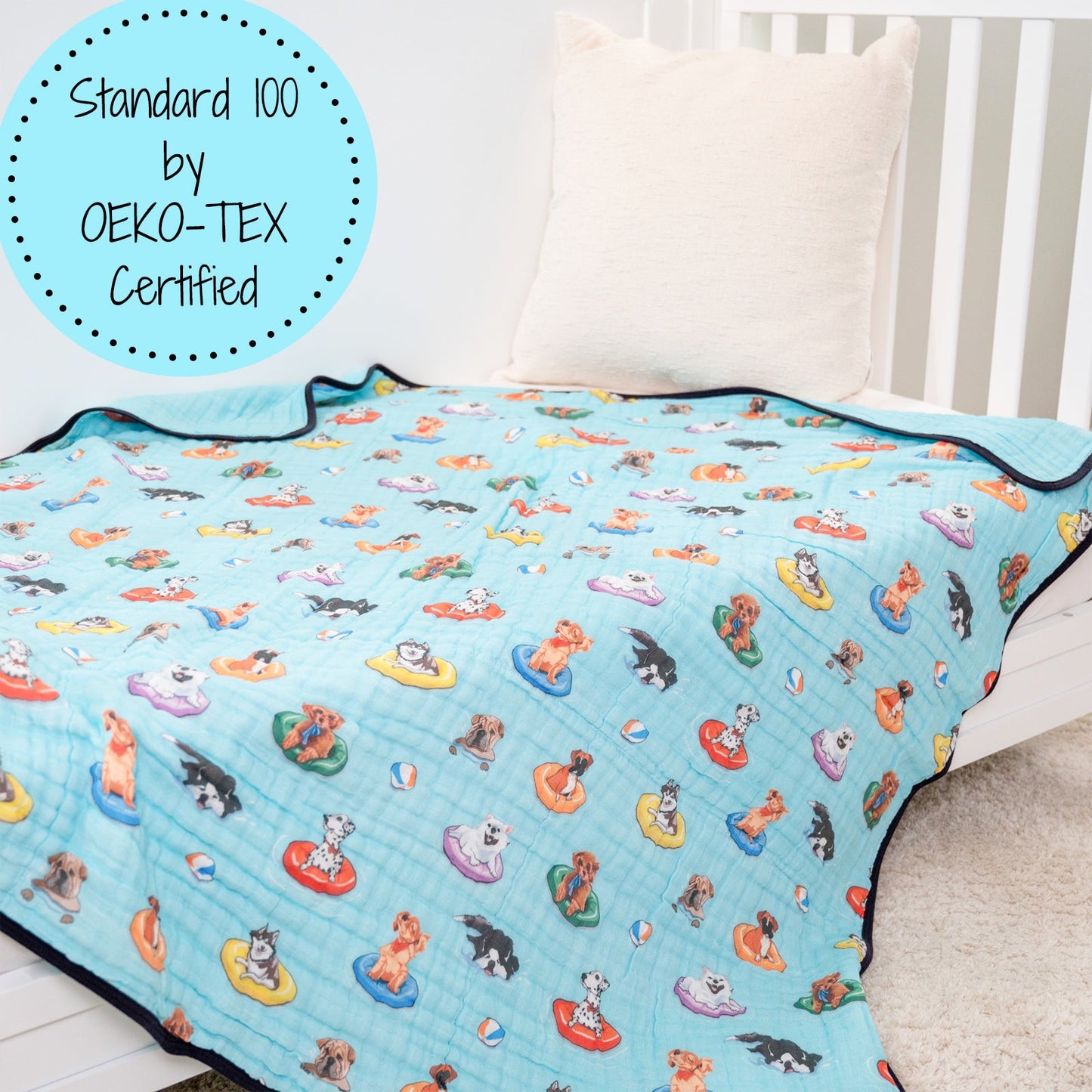 LollyBanks Muslin Baby Blanket, 100% Cotton Lightweight Baby Quilt, 47"x 47" and 6 Layers Newborn Blanket, (Swimming Dog Print)