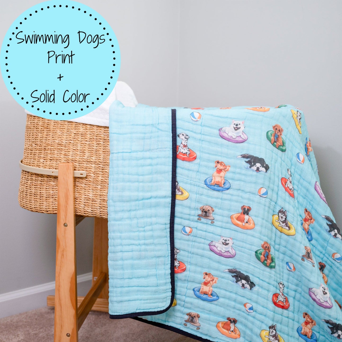 LollyBanks Muslin Baby Blanket, 100% Cotton Lightweight Baby Quilt, 47"x 47" and 6 Layers Newborn Blanket, (Swimming Dog Print)