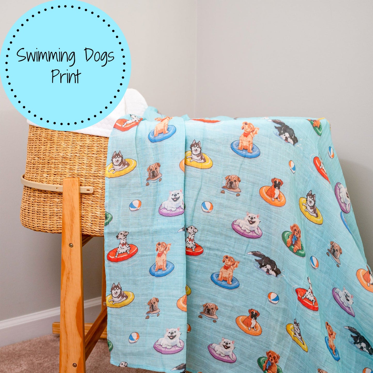 LollyBanks Muslin Swaddle Blankets, 100% Cotton Baby Blanket, 47"x 47" Newborn Swaddle Blanket, (Swimming Dogs)