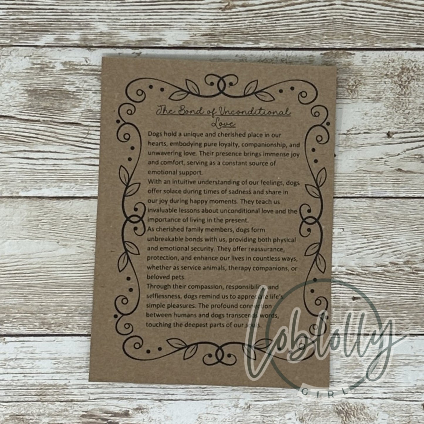 Gift story card for wooden Dachshund ornament, honoring a pet’s unconditional love and making it ready to present.