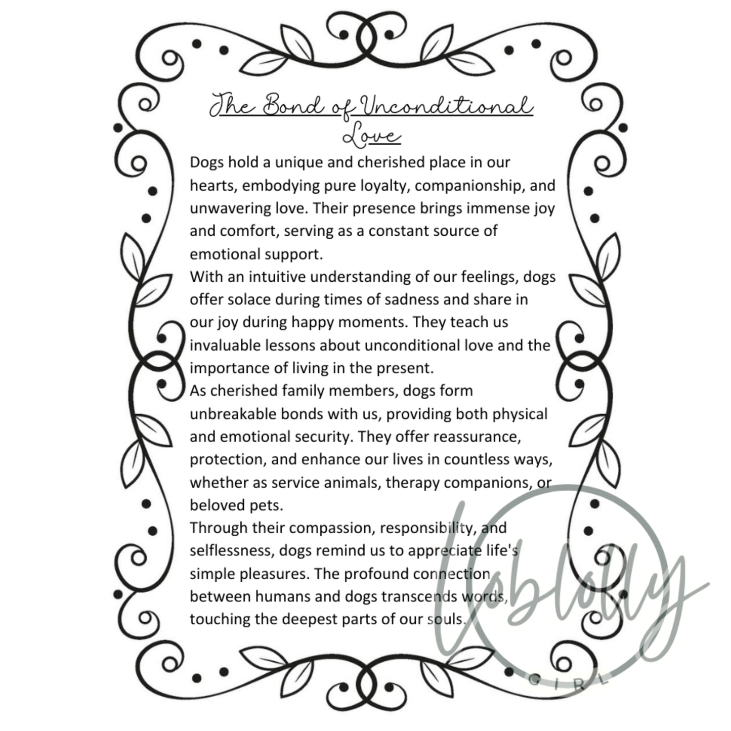 Story card included with handcrafted Dachshund ornament, sharing the meaning of unconditional love and pet remembrance.