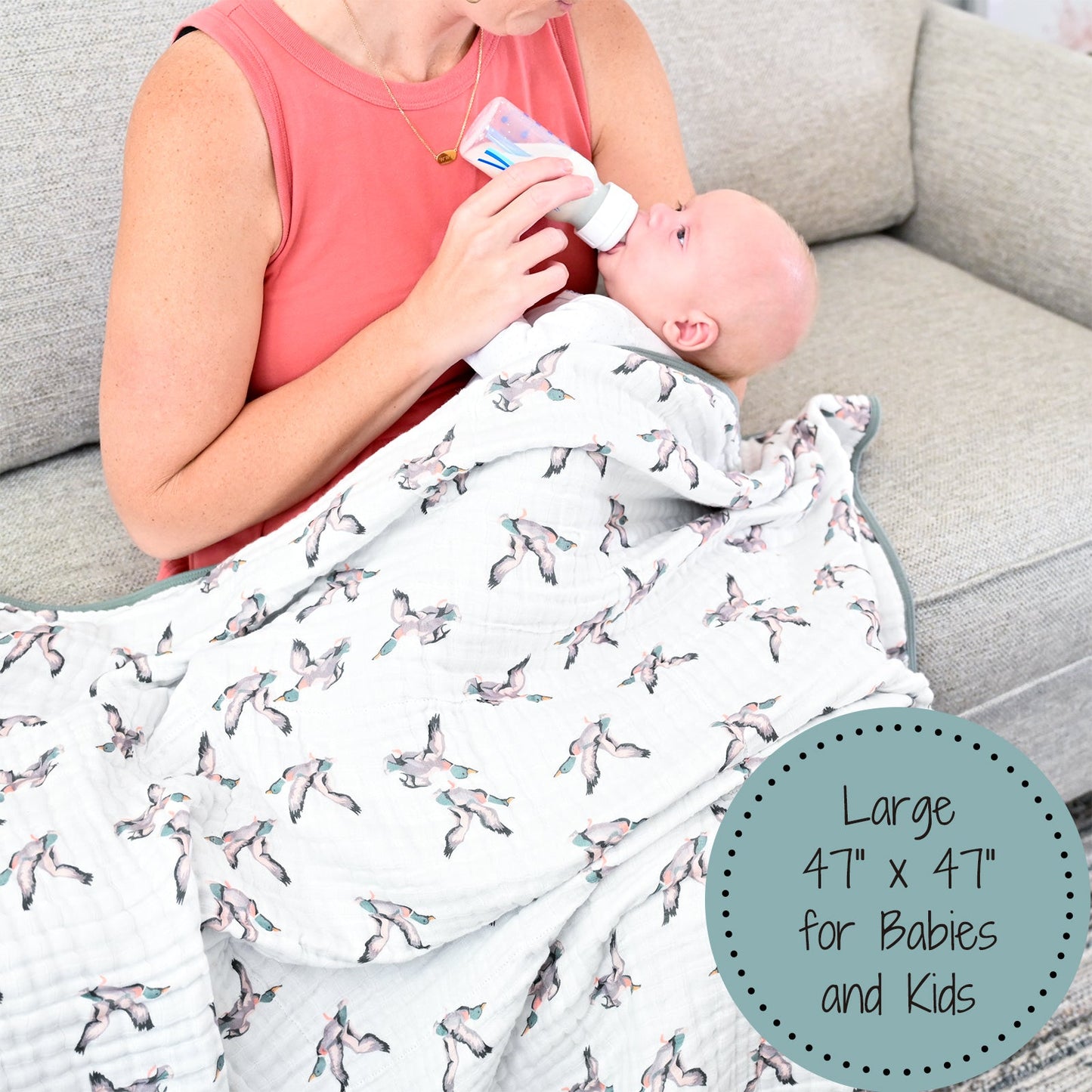 LollyBanks Muslin Baby Blanket, 100% Cotton Lightweight Baby Quilt, 47"x 47" and 6 Layers Newborn Blanket, (Mallard Duck Print)