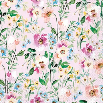 Guest size decoupage napkin featuring watercolor flowers in pink, rose, blue, and yellow on a soft blush background—perfect for spring floral crafts.