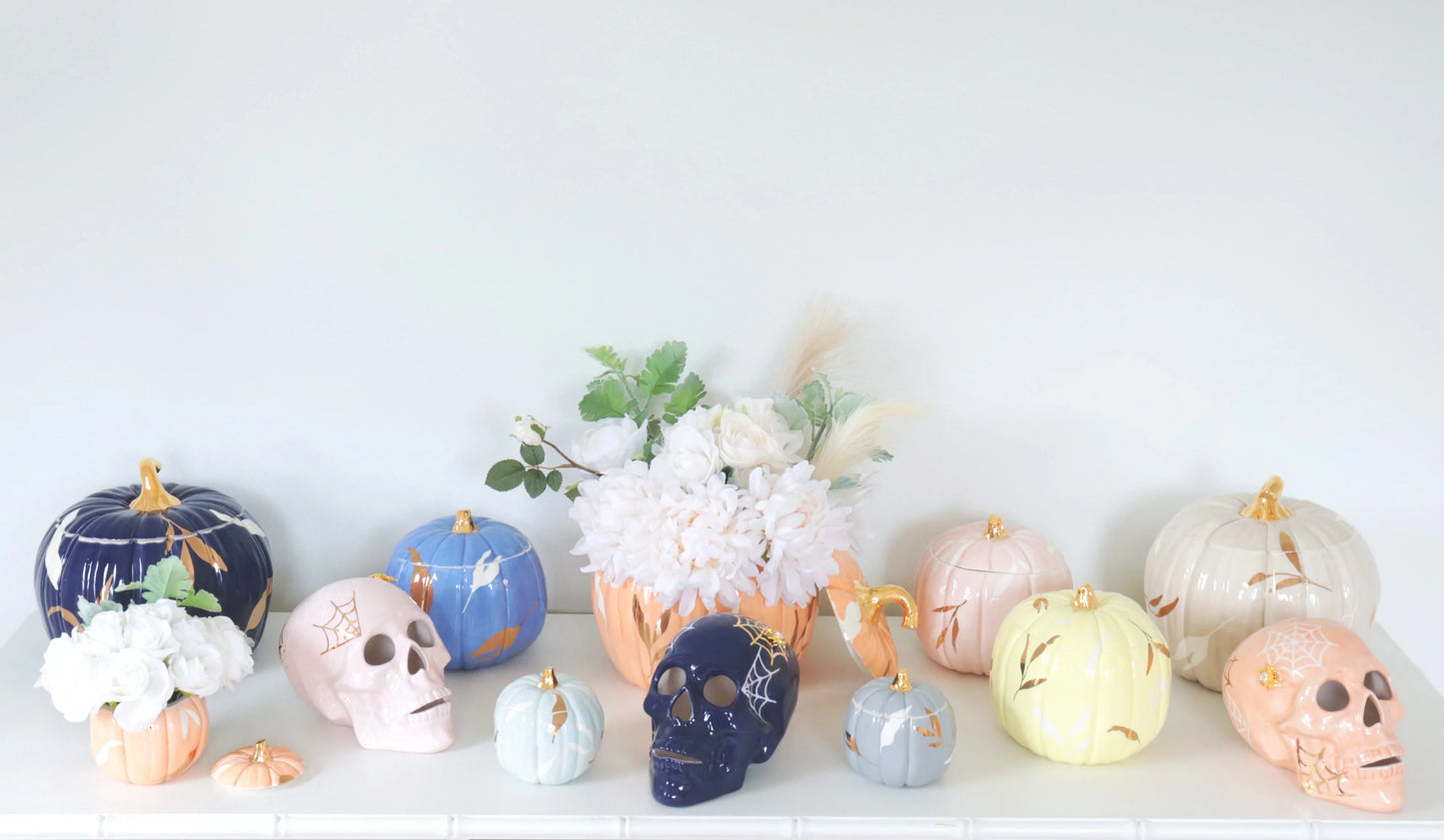 "Mr. Bones and Charlotte" Skull Decor with 22K Gold Accents- Navy Blue