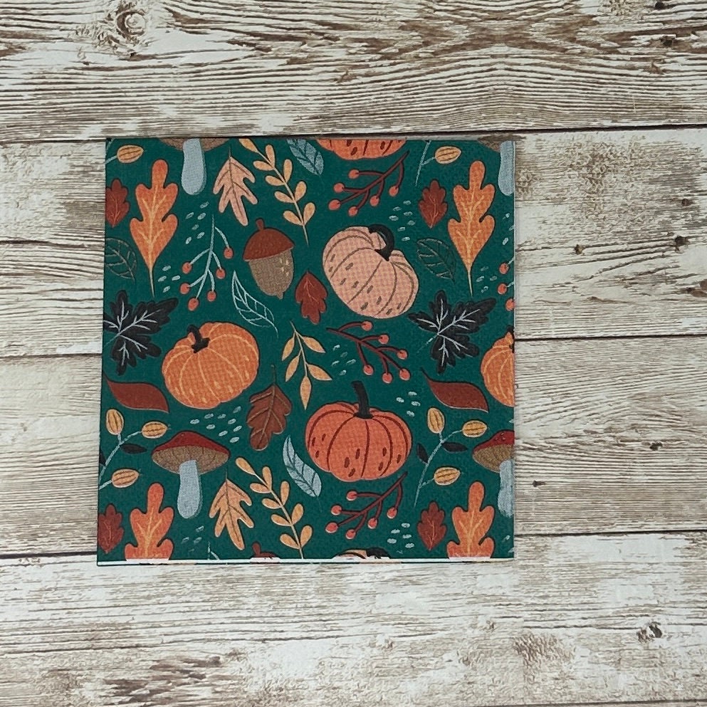 Servilletas con hojas, bayas, bellotas, calabazas, otoño, decoupage, papel de cóctel, naranja, verde y marrón