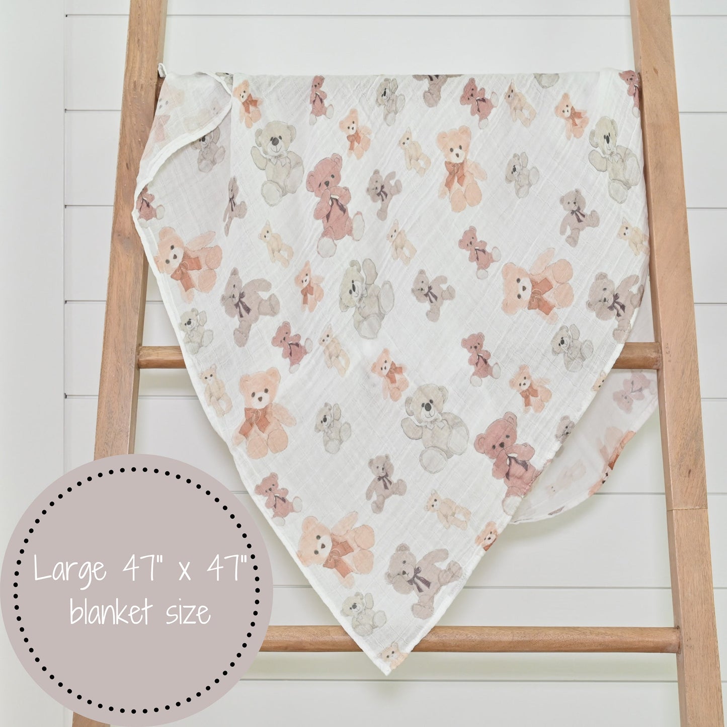 LollyBanks Muslin Swaddle Blankets, 100% Cotton Baby Blanket, 47"x 47" Newborn Swaddle Blanket, (Teddy Bear Print)