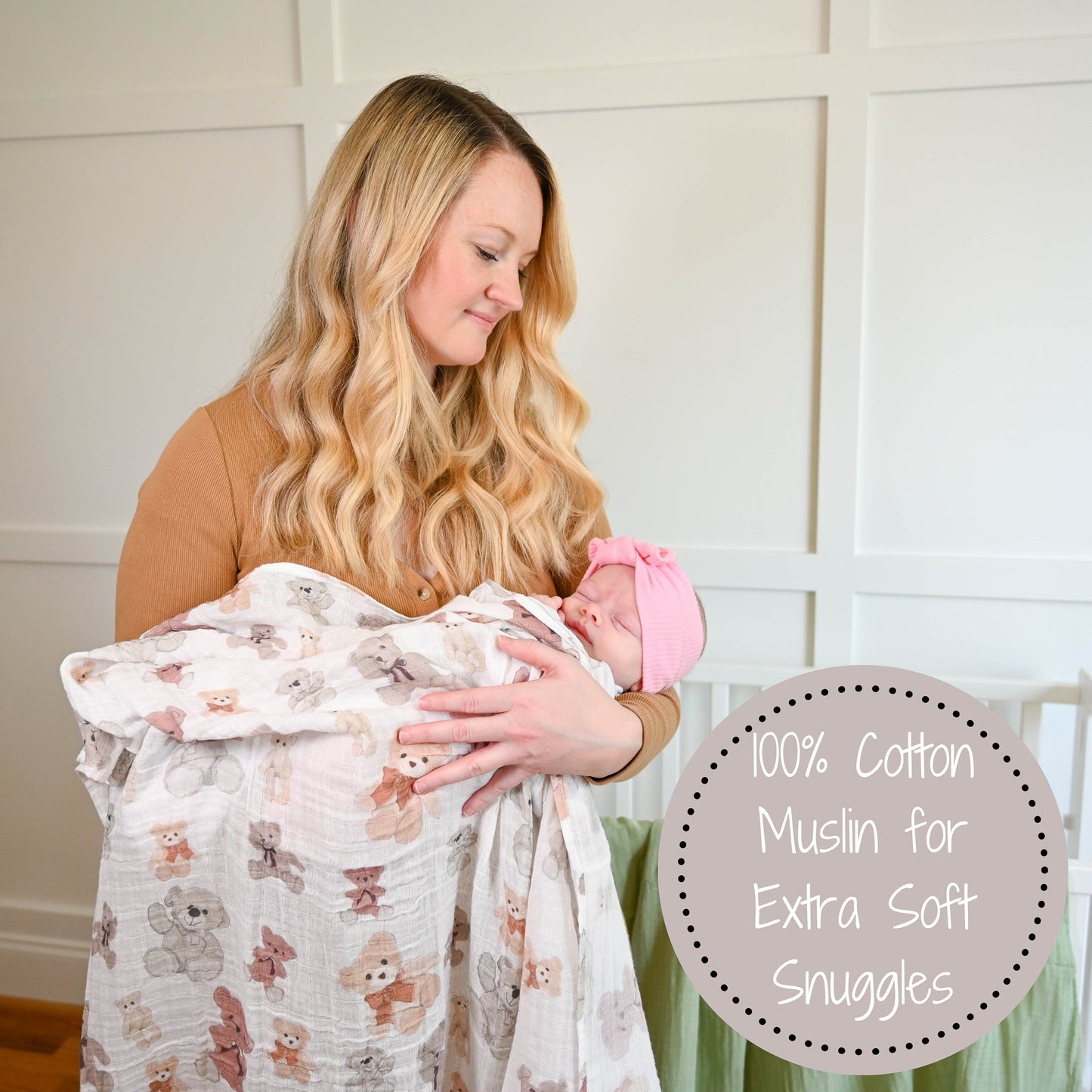 LollyBanks Muslin Swaddle Blankets, 100% Cotton Baby Blanket, 47"x 47" Newborn Swaddle Blanket, (Teddy Bear Print)