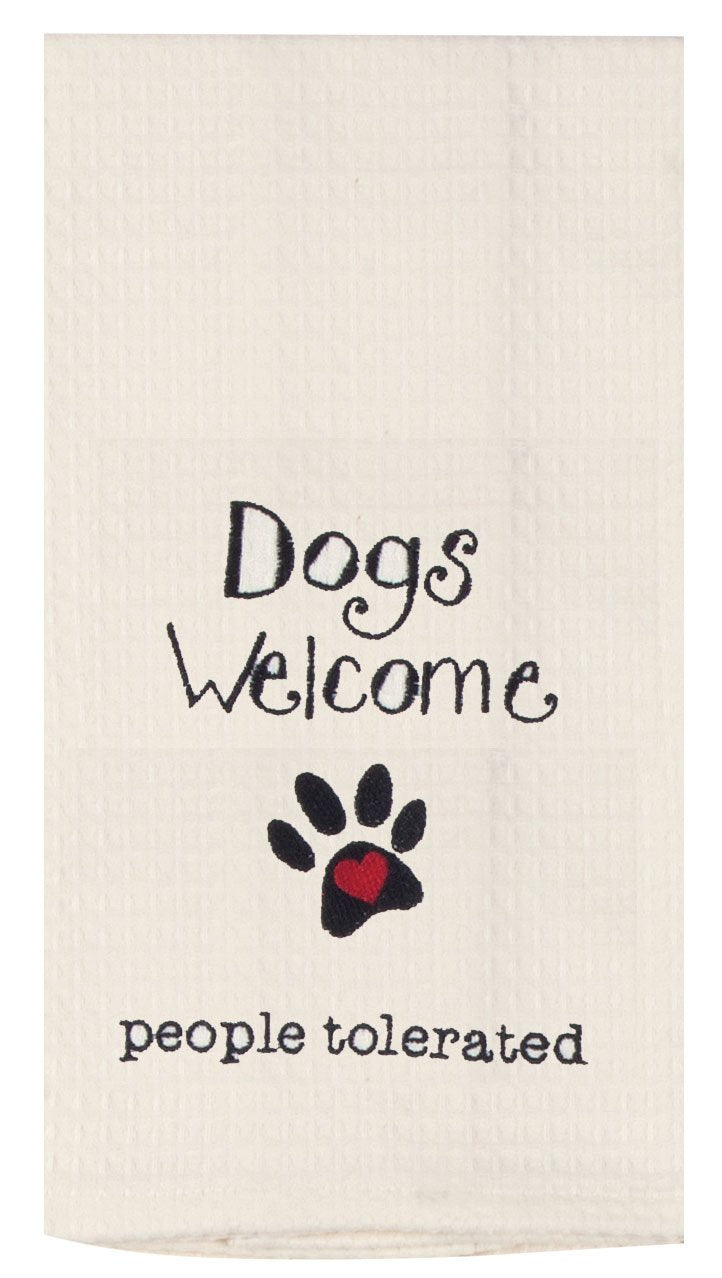 Beige Waffle tea towel with black embroidery that says Dogs welcome People Tolerated. The towel also has a paw print with a red heart