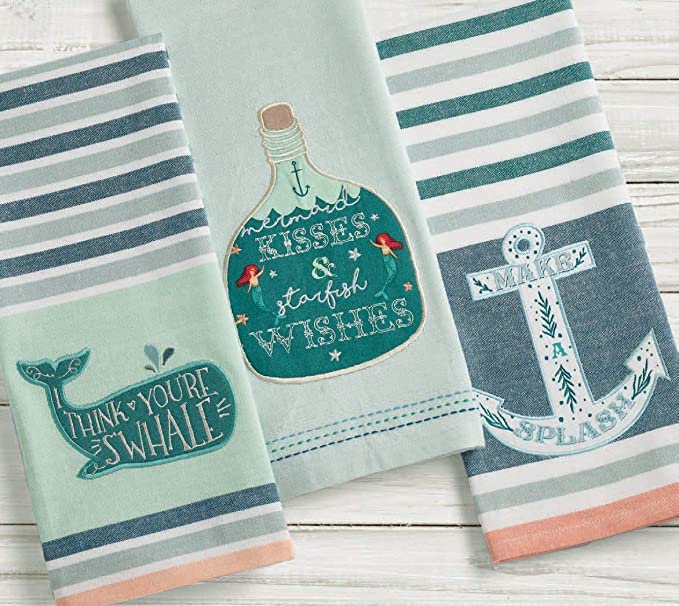 Whimsical Embroidered Beach & Nautical Decor Kitchen Towels Bundle Set of 3
