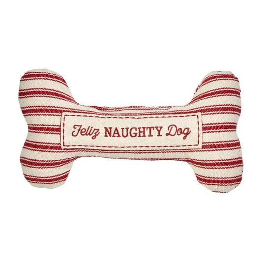 soft red and white striped dog bone that has a patch that says feliz naughty dog