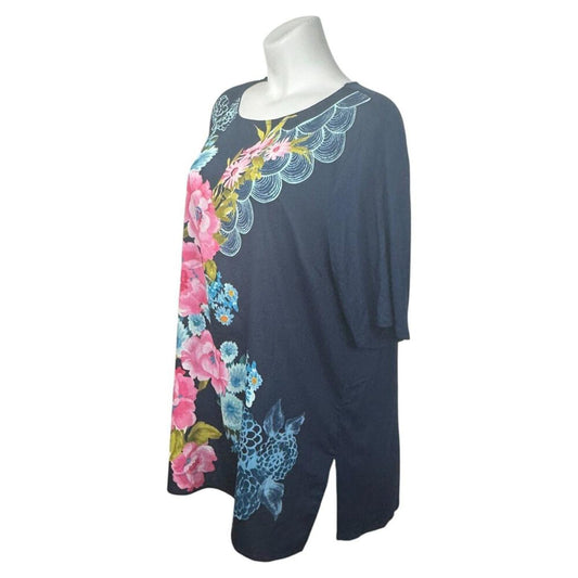 Chicos Garden Party Tunic Top Womens Size 3 Blue Floral Short Sleeve BOHO Beach