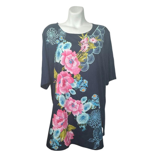 Chicos Garden Party Tunic Top Womens Size 3 Blue Floral Short Sleeve BOHO Beach