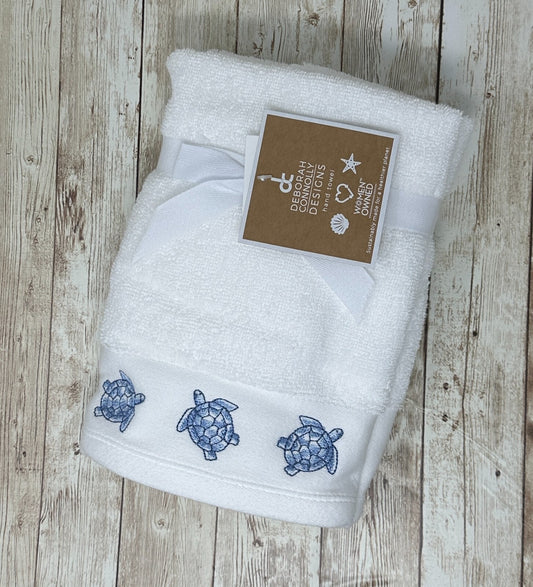 Deborah Conolly Embroidered Blue and White Sea Turtle Hand Towels Set of 2