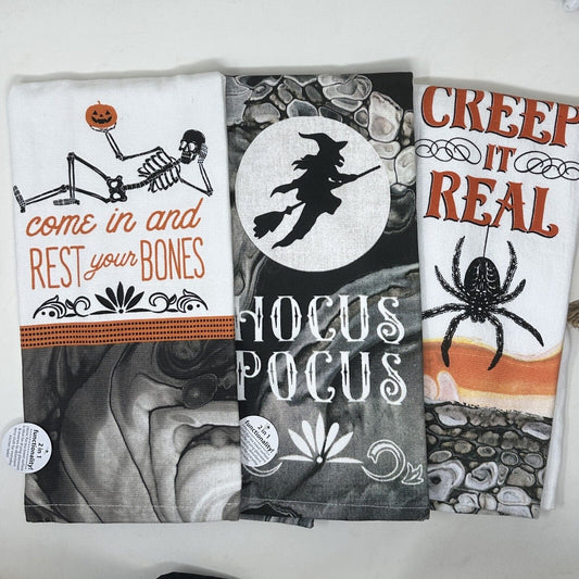 Gran colección de espeluznantes paños de cocina de esqueletos y brujas fantasmales para Halloween, juego de 6