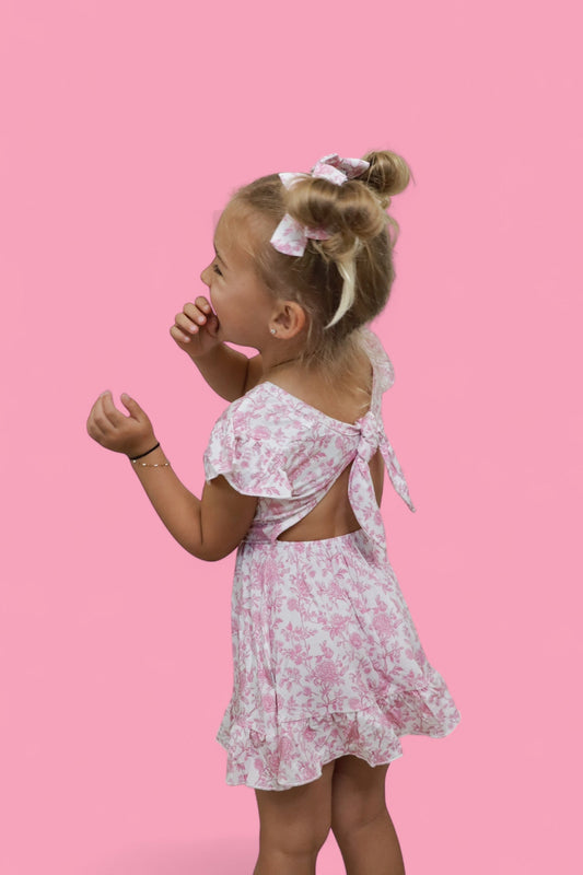 ROSEWOOD TOILE DREAM TIE BACK RUFFLE DRESS