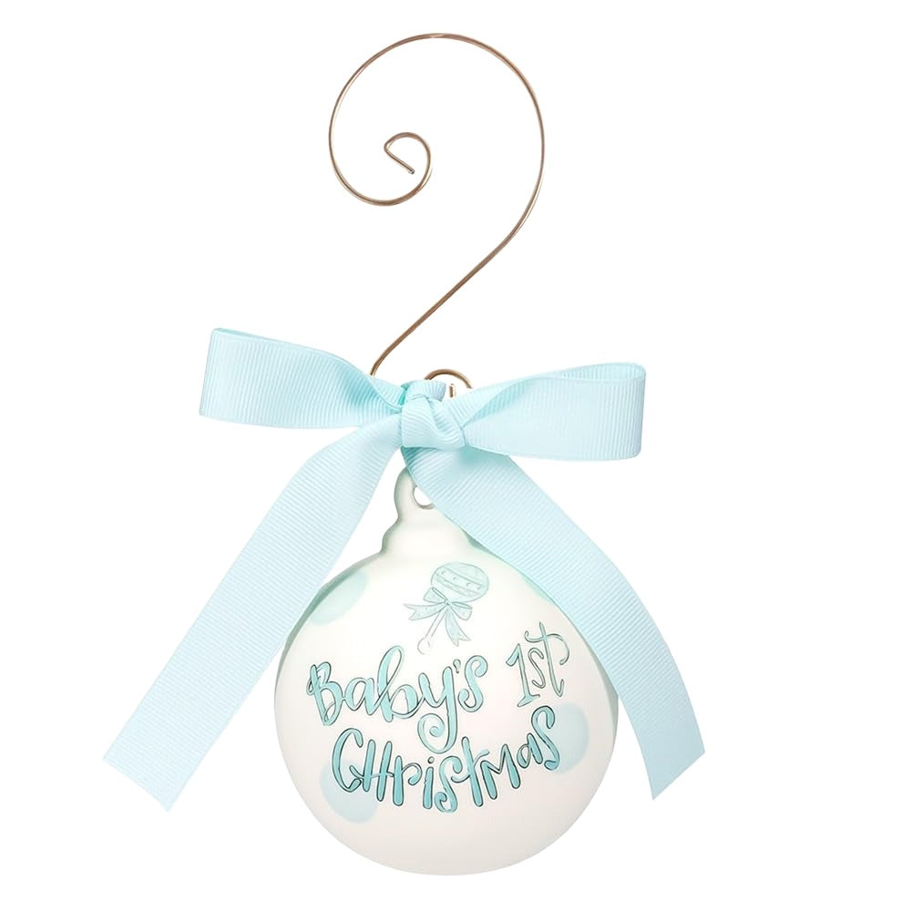 Adorno navideño de cerámica en forma de bola para bebé niño, pintado a mano en azul y blanco