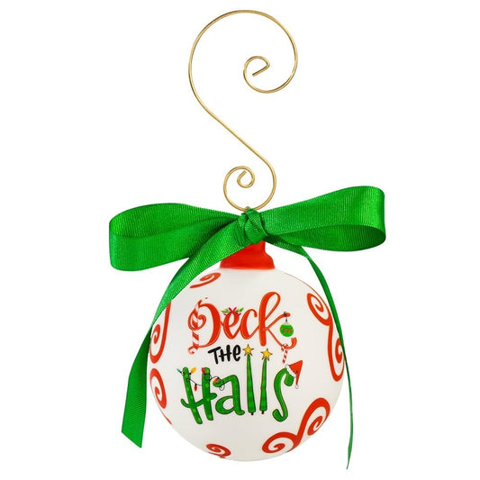 Adorno de bola de cerámica Deck The Halls pintado a mano en rojo y verde