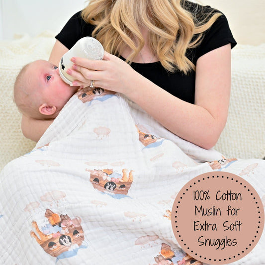 LollyBanks Muslin Baby Blanket, 100% Cotton Lightweight Baby Quilt, 47"x 47" and 6 Layers Newborn Blanket, (Noah's Ark Pattern)