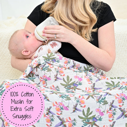 LollyBanks Muslin Swaddle Blankets, 100% Cotton Baby Blanket, 47"x 47" Newborn Swaddle Blanket, (Hummingbird Pattern)