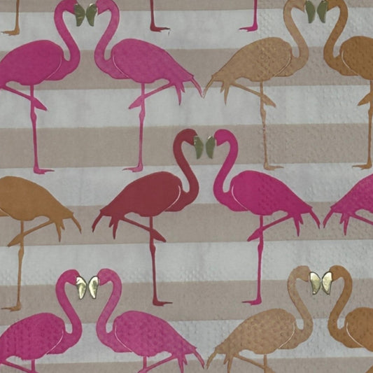 Patterned fabric with pink and brown flamingo design on a brown background