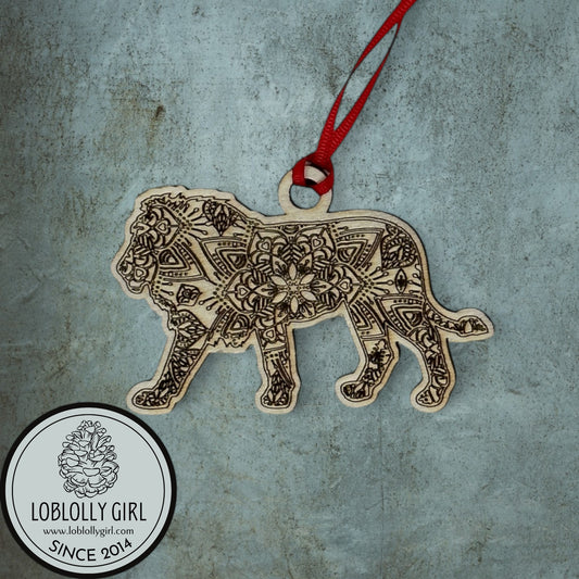 Father Figure: Strong Protective Mandala Wooden Lion Gift, Family Christmas Ornament & Car Charm for Dad